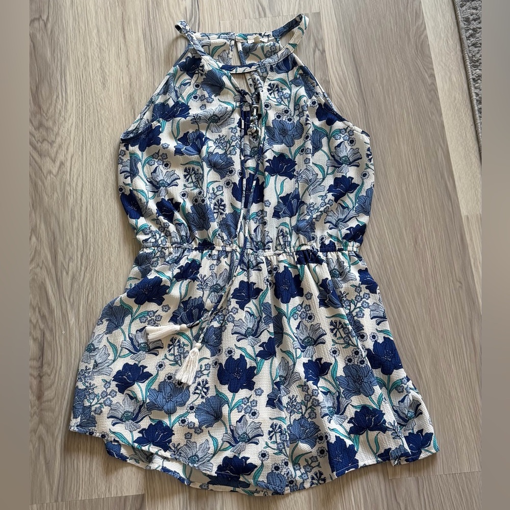 Floral Halter Romper in White and Blue - tie  neck front